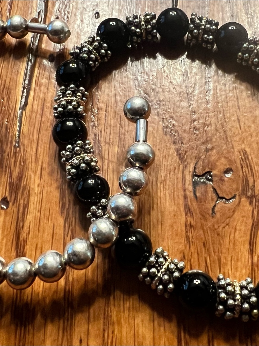 Sterling-Inspired Black Onyx and Silver Bead Women's Bracelet